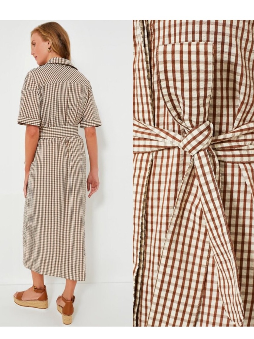Pomander Place NEW Brown Gingham Seersucker Zacara Maxi Dress Size Medium - Picture 3 of 8